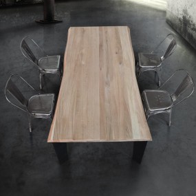 Basic fixed table in solid wood 4 or 6 cm thick, open knot, natural oak color, metal legs
