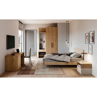 Cristel room, wardrobe with wood paneling and desk, blond walnut, barley