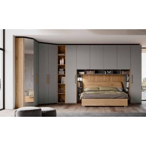 Alba room, bridge wardrobe with bookcase and bed with storage unit