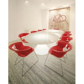 Table lumineuse Ed, avec base conique en polyéthylène et plateau rond en verre, design Guglielmo Berchicci