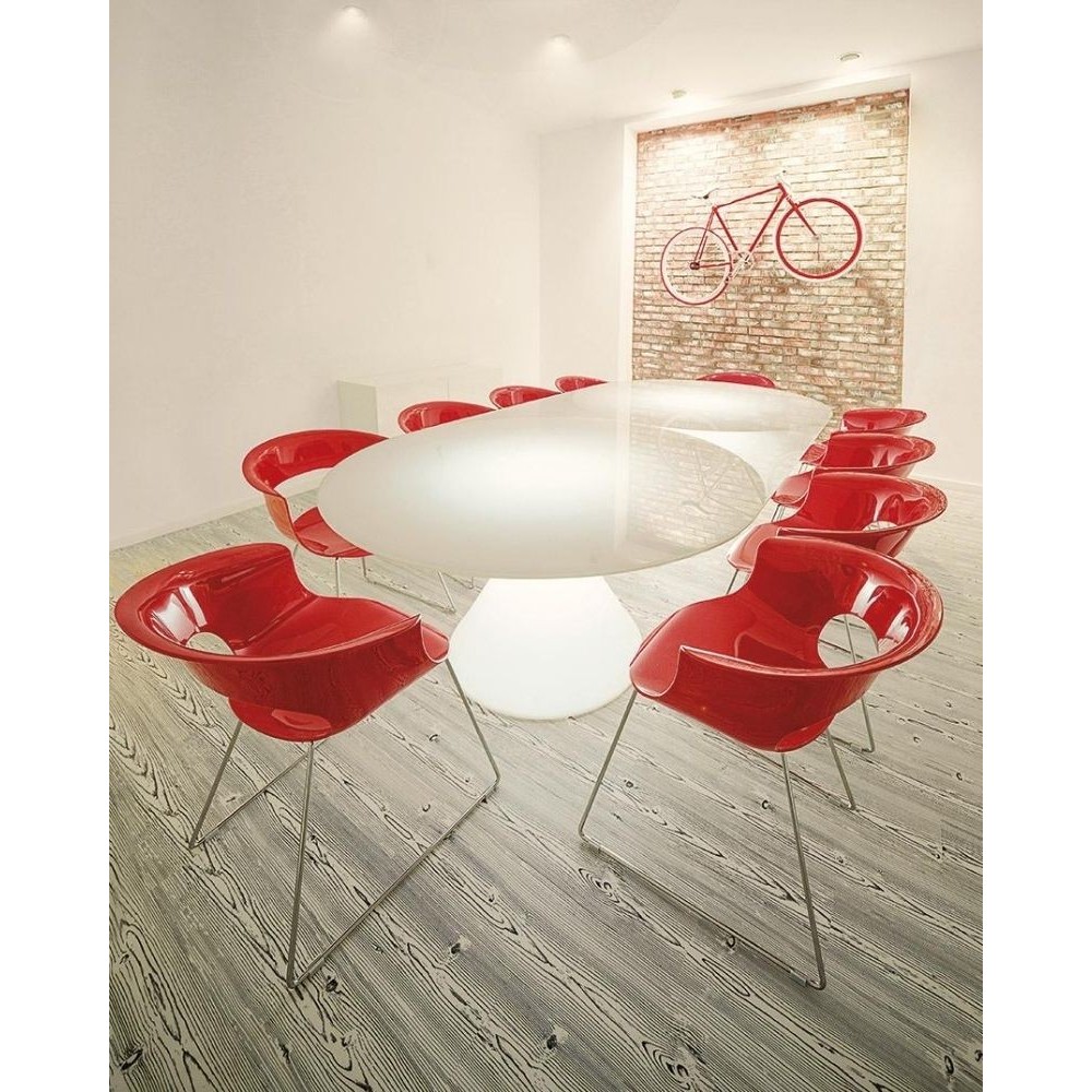 Tavolo luminoso Ed, con base conica realizzata in polietilene e top rotondo in vetro, design Guglielmo Berchicci