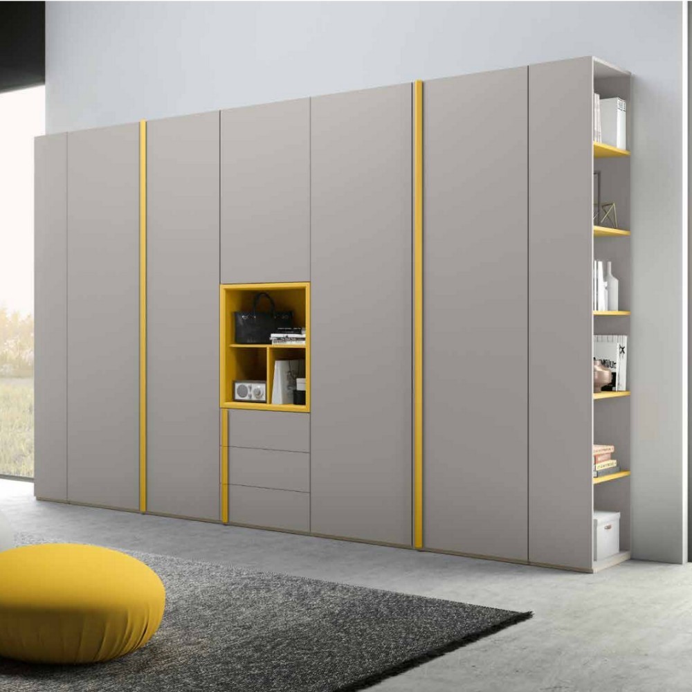 Penta modern 6-door wardrobe with open compartment and end bookcase