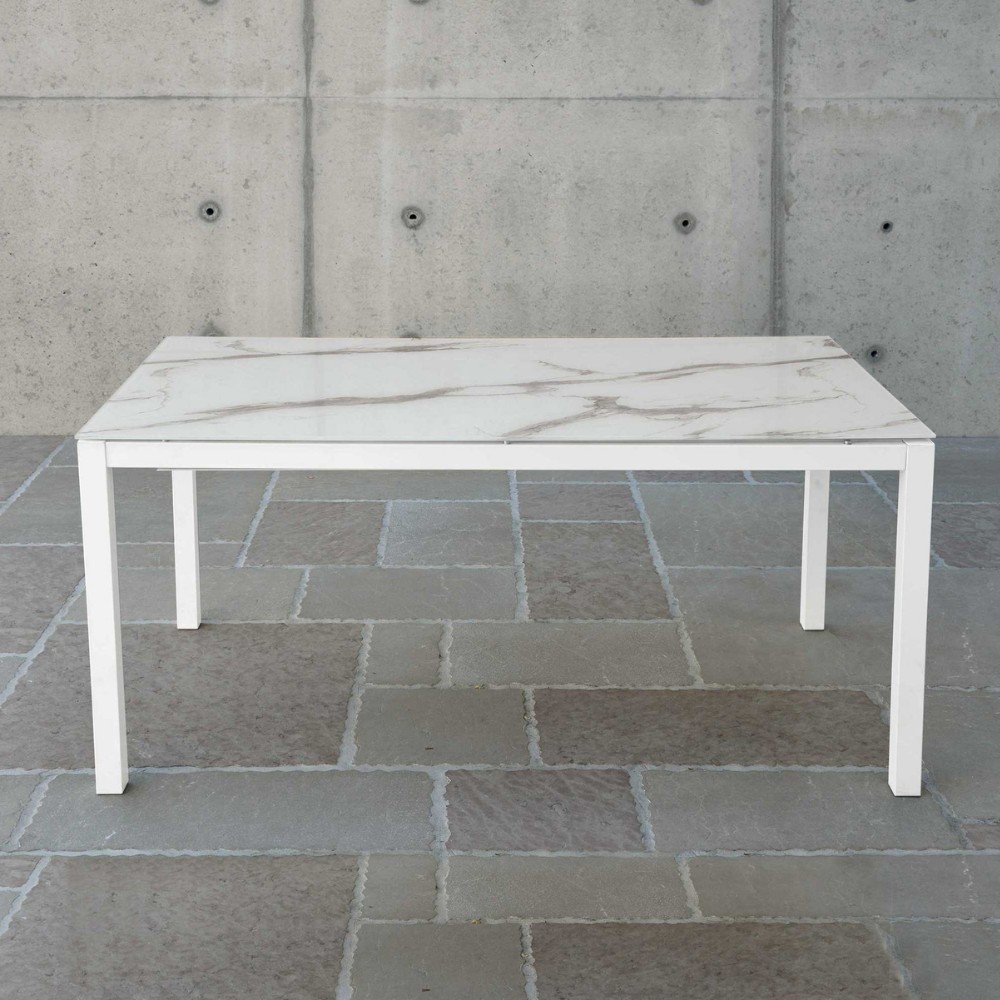 Giselle table with stone screen-printed glass top,