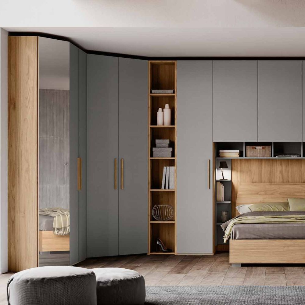 Imab Group Bridge bedroom Structure in blond walnut with Silver metal fronts
