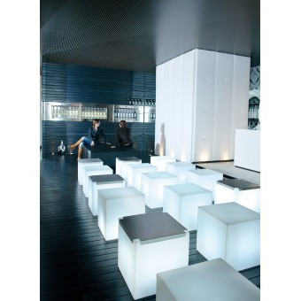 Slide , Cubo 20 floor, table and suspension lamp in polyethylene