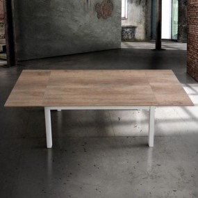 Tavolo rettangolare Savio con il piano in laminato rovere, struttura in metallo bianco, 2 allunghe da 40 cm