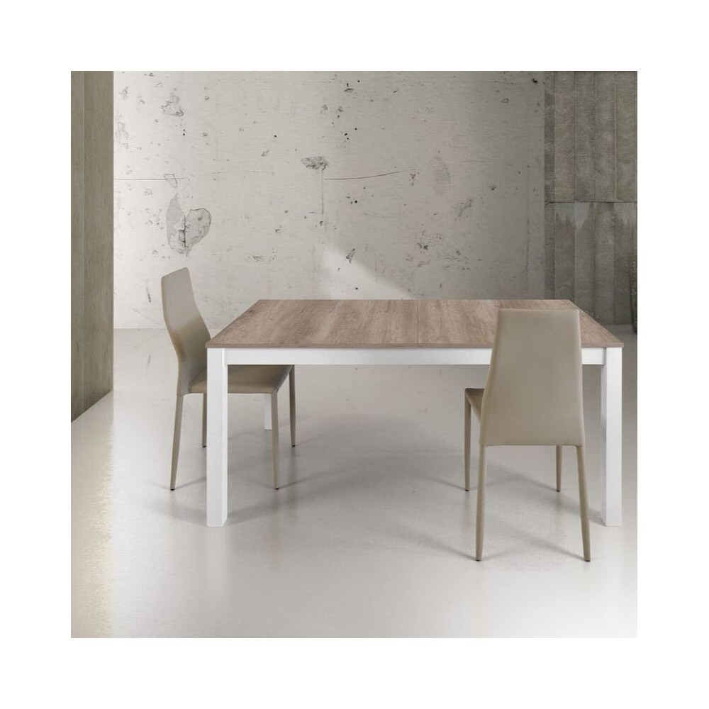 Table rectangulaire Velino en stratifié chêne, structure métal blanc, avec 2 rallonges de 43 cm au centre